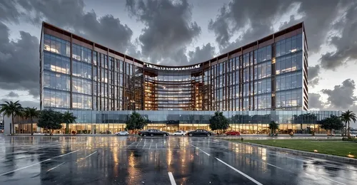 straight  edges , bright sky, God rays ,a picture of an office building from across the street,glass facade,office building,office buildings,headquarter,company headquarters,biotechnology research ins