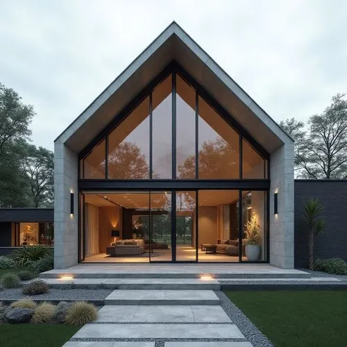 A hyper-realistic, high-resolution architectural photograph of a contemporary, two-story luxury barn house featuring a prominent huge  A-frame roofline and a striking, double-height glass façade. The 