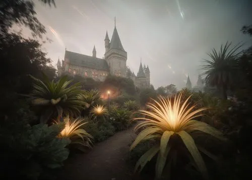 Cinematic picture of a near-fantastical castle integrated with nature, glowing soft warm light, surreal lush gardens with oversized plants and glowing flora, ethereal atmosphere.,a building at night o