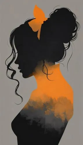 the drawings drawn were cute, in the style of feminine portraiture, golden light, soft gray, pensive poses, smokey background, soft orange and  black, light & shadow ,woman silhouette,women silhouette