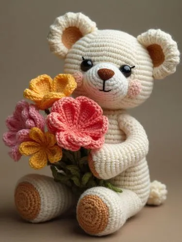A crochet knit teddy bear with very happy face, holding a bouquet of knit flowers. the scene is executed in knit technique,there is a knitted bear that holds flowers in his paws,stitched flower,flower