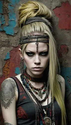 A beautiful Avril Lavigne, slender, tribal meets bohemian, tattoos, piercing, bohemian jewelry, modern, textured peeling wall in background, graphite, raw, gritty, dirty, mix of colors & materials, in