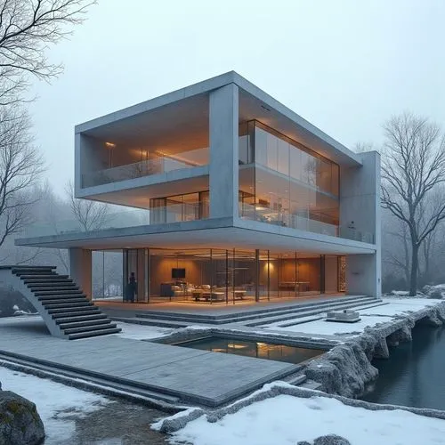 A hyper-realistic, high-resolution architectural photograph capturing a striking, multi-level contemporary home constructed primarily from smooth, exposed concrete. The design is characterized by dram