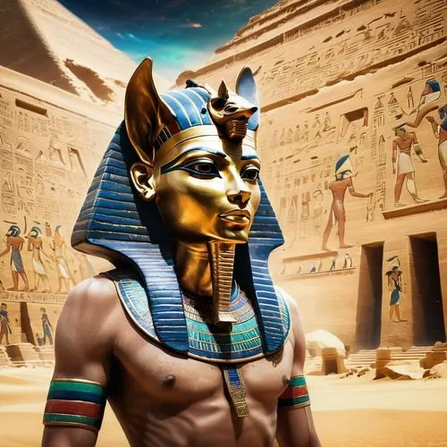 Anubis, represented by the head of a jackal, takes on a muscular male human body and looks at the mask of Tutankhamun, in the background a large wall adorned with brightly colored Egyptian hieroglyphi
