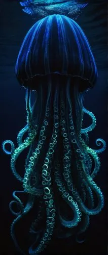 Tentacles, underwater scene, dark blue ocean, glowing bioluminescent suckers, slimy texture, wavy movement, transparent bell-shaped body, vibrant colorful stripes, eerie ambient lighting, 3/4 composit
