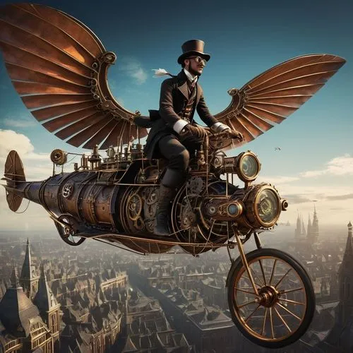 a man flying in the air with an ornate bird like carriage,flying machine,airship,wings transport,air ship,triplane,grandiloquence,fantasy picture,airships,photo manipulation,gyroscopic,fantasy art,bus