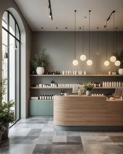 a coffee shop with large windows and green plants,soap shop,tile kitchen,watercolor tea shop,apothecary,cosmetics counter,bellocq,Photography,General,Realistic