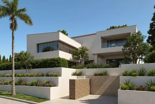 A photo-realistic rendering of a modern, minimalist house with a contemporary design. the image is taken from a low angle, looking up at the exterior of the house. the house is a two-story, rectangula