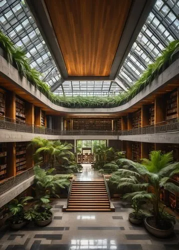 Mexico City Library, modern architecture, vibrant colors, intricate stone carvings, grand staircase, high ceilings, ornate chandeliers, wooden shelves, books stacked horizontally, natural light pourin