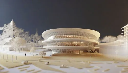 a building with a massive round face on a snowy landscape,render,futuristic art museum,redeveloped,redevelopment,renders,futuristic architecture,philharmonics,rendered,oval forum,redevelop,sanatoriums