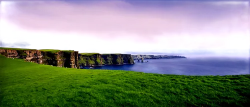 Emerald Isle, Ireland landscape, rolling green hills, rugged coastline, Cliffs of Moher, medieval castle ruins, Celtic cross monument, misty morning atmosphere, warm sunlight casting long shadows, pan