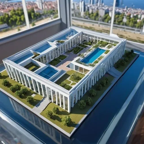 A architectural  model in a display case
,an architectural model of a building in a city,penthouses,sanatoriums,chancellery,luxury property,modern building,model house,new housing development,modern a