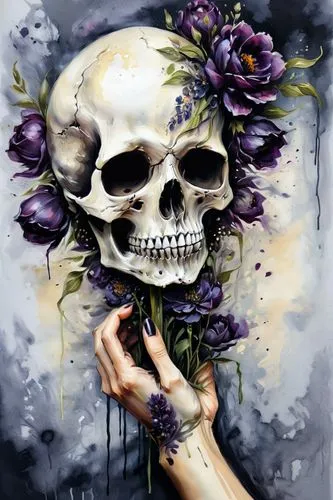 a skull hand holding some dark strange flowers. In loose smuged and dark paint style.,floral skull,wolfsbane,deadly nightshade,memento mori,boho skull,unseelie,skullcap,dead bride,obituaries,days of t