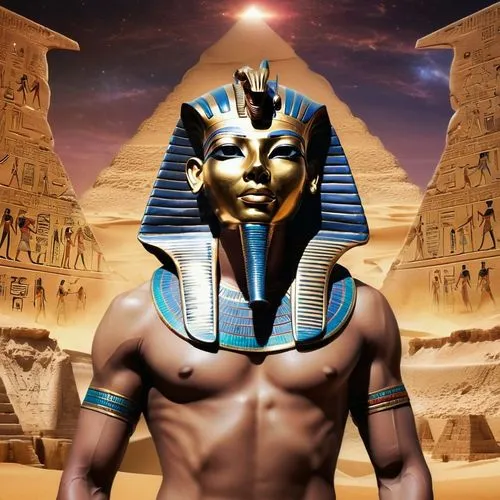Anubis, represented by the head of a jackal, takes on a muscular male human body and looks at the mask of Tutankhamun, in the background a large wall adorned with brightly colored Egyptian hieroglyphi