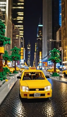 Miniature Lego bricks, New York Cityscape, modern skyscrapers, glass and steel structure, intricate details, bright city lights, night scene, Times Square billboards, yellow taxi cabs, pedestrians wal