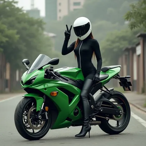 The woman in the dress wears a full-body black outfit that is both elegant and protective for motorcycle riding. She's wearing a sleek black jumpsuit that covers her from neck to ankle, likely made of