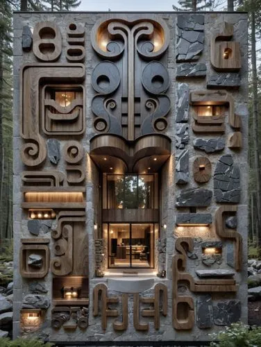 a picture of a modern design building made of rocks,totems,garden sculpture,yard art,sculpture park,carvings,totemic,carved wall,public art,totem,steel sculpture,forest house,garden decor,stone sculpt