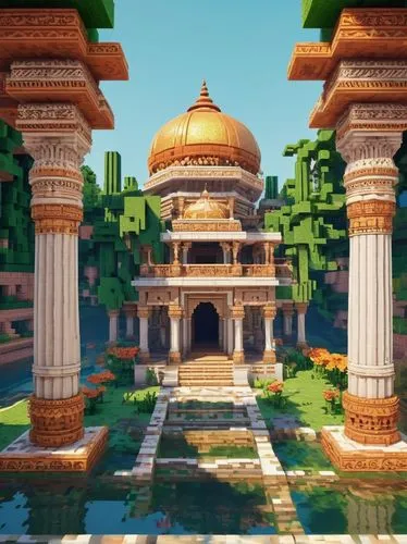 Ancient Indian temple, intricate carvings, ornate pillars, grand entrance gate, vibrant colored walls, traditional Indian motifs, detailed stone sculptures, majestic dome, sacred river Ganges, misty m