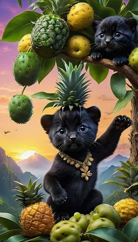 a painting of two black cats with pineapples and other fruit,papayas,pineapple background,king coconut,luau,pineapple wallpaper,tropical animals,tropical fruits,king of the jungle,cartoon video game b