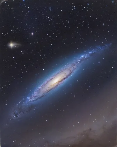 Describe the majestic Ngc 4565 galaxy shimmering in the serene night sky.,andromeda galaxy,andromeda,ngc 4565,ngc 3603,ngc 2818,ngc 2392,ngc 6618,ngc 2440,ngc 4414,ngc 6514,ngc 3372,ngc 3034,ngc 6537,