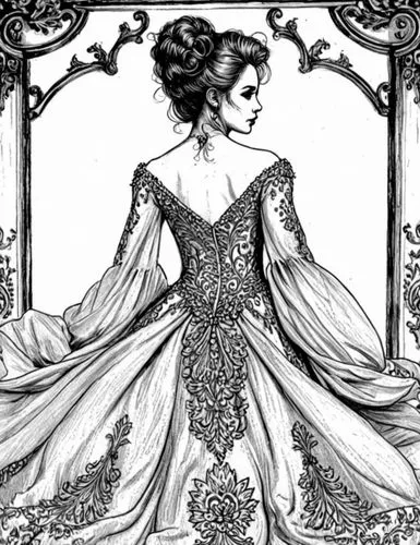 Style: Design Sketch-Detailed Outline,a drawing of a woman wearing a dress,noblewoman,victorian lady,peignoir,victoriana,ball gown,evening dress,royal lace,bridal gown,bridal dress,lace border,ceremon