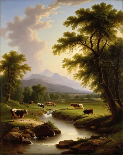 Robert Duncanson | Landscape with Cows Watering in a Stream 1871,rural landscape,farm landscape,brook landscape,river landscape,mountain scene,robert duncanson,hunting scene,mountain landscape,forest 