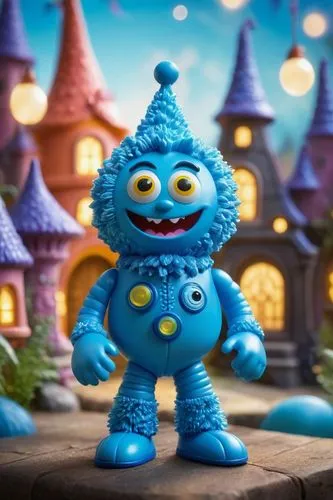 Create a cute yo gabba gabba blue alien doll character with cute eyes and a playful look at the camera and smiling in 3d,a small blue robot that is next to an elaborately designed castle,smurf figure,