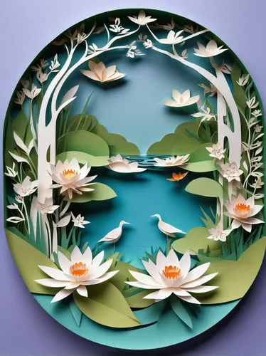 Imagine a tranquil garden with a cirkl-shaped pond at its center. Describe the soothing atmosphere and the beauty of the surrounding flowers.,water lily plate,decorative plate,floral and bird frame,ch