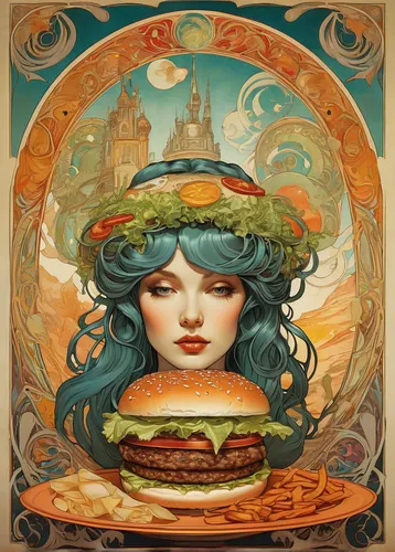 Compose a surreal burger artwork, incorporating dreamlike elements and a mystical ambiance.,hamburger,hamburger plate,burguer,veggie burger,big hamburger,burger,cheeseburger,hamburger set,cemita,burge