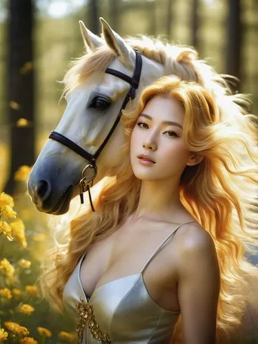 Half-lady, half-horse, majestic, mythological creature, elegant woman's face, horse ears, flowing golden hair, gentle eyes, horse body, shiny coat, muscular legs, hooves, forest surroundings, sunlit m