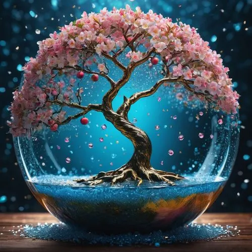 high quality, 8K Ultra HD, text “PROME ” color metálico inside with realr y perlas , Blooming white, pink and gold peach tree of life with sparkles on the tree, in water splash motion, inside an apple