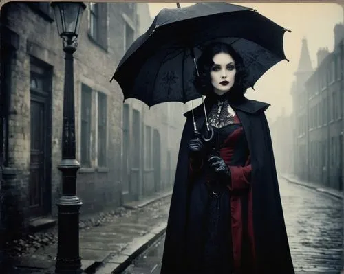 Gothic vampire, holding black ornate umbrella, mysterious eyes, pale skin, dark eyeliner, bold eyebrows, crimson lips, Victorian-era inspired outfit, long coat with cape, lace gloves, intricate boots,