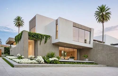 A photo-realistic rendering of a modern, minimalist house with a contemporary design. the house is a two-story building with a combination of concrete and stucco, featuring large windows and sliding d