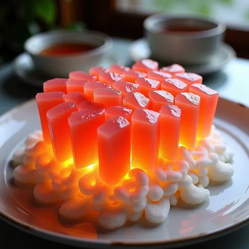 fantastic 3d sculpture made of jelly, intricate gummy sushi, displayed under soft lighting, gelatinous, elegant, intricately beautiful, ethereal inner glow, high intricate detailing, translucent, high
