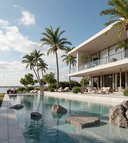 A luxurious beachfront villa surrounded by palm trees, an infinity pool overlooking the ocean, and large open spaces with contemporary architecture.,the ocean is reflecting off the pool near the house