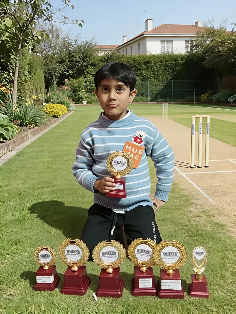a boy kneeling next to trophies on grass