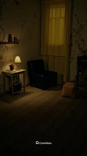 A photo-realistic shoot from the side about a dimly lit room with peeling walls and a wooden floor, featuring a table with a lamp on the left side and a chair on the right side. the room has a rustic,