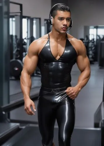 Exotic Latino muscular adonis men kurzenhair läuft auf dem Laufband in einem glänzenden Latex gehalten Leggings underwear acrylic gloss, ,a bodybuyer wearing a black latex suit and headphones,bodybuil