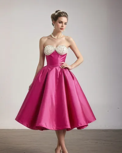 enhance the dress and jewelry, especially the very top of the bodice that has pearls. Also make the model much more beautiful and make her have vintage makeup,a woman in a vintage hot pink flare skirt
