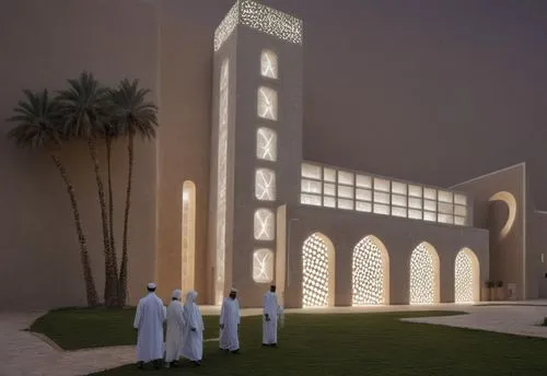 DISEÑO DE UNA MEZQUITA UBICADA EN ARGELIA, COMBINANDO ELEMENTOS DE LA ARQUITECTURA MINIMALISTA, FUSIONADOS CON LA ARQUITECTURA ISLAMICA, USO DE CELOSIAS CON DISEÑO ISLAMICO, MINARETE CON CRISTAL, PROT