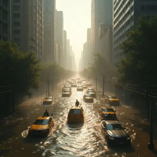 Extreme level view of flood in a city, vehicles are floating in the water, peoples walking through the water and passing through water using small boats, dirty water, hard situation,some cars that are