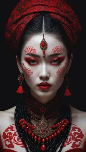 A woman with a porcelain skin, like complexion, adorned with intricate red and white tattoos, stares directly at the viewer. Her eyes are a deep crimson, and her lips are painted a soft red. She wears