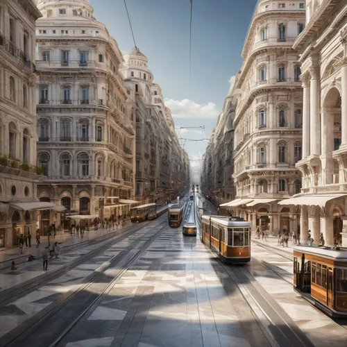 create a city made entirely of marble, as if it were ancient, beautiful, with a first floor tram that crosses the city, also made of marble,the lisbon tram,tram road,street car,trolleybuses,tramway,vi