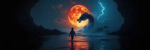 a man standing in the ocean with a huge dragon under it,fire background,door to hell,balrog,patronus,larfleeze,samuil