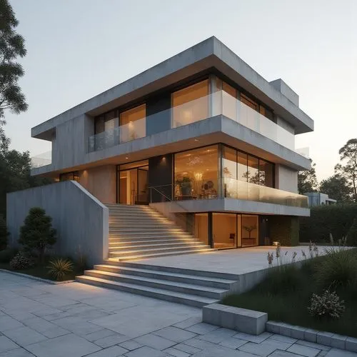 A hyper-realistic, high-resolution architectural photograph capturing a striking, multi-level contemporary home constructed primarily from smooth, exposed concrete. The design is characterized by dram