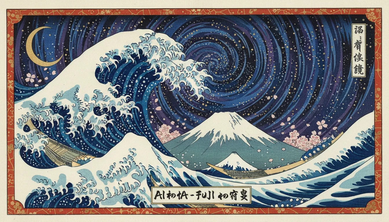 Un manifesto generato dall'AI in stile Ukiyo-e, con un'onda stilizzata e un maestoso Monte Fuji sotto un cielo stellato.