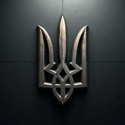 heavily extruded volumes from a flat stainless surface create the Ukrainian coat of arms, trident, the edges are high and shiny,  the background is dark, style: minimalism, cubism, primitivism,an embl