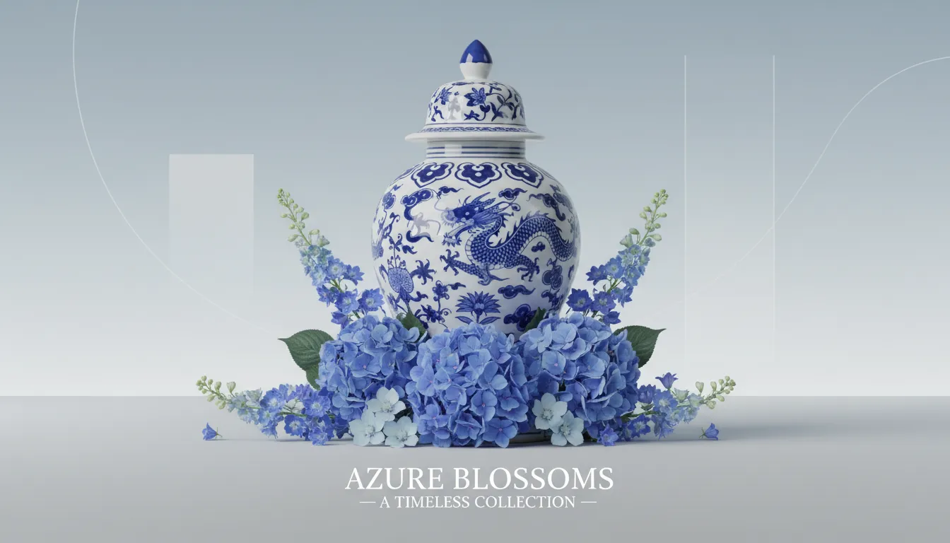 Un elegante poster generato dall'IA che mostra un dettagliato vaso da zenzero in Porcellana Blu e Bianca traboccante di delicati fiori blu su uno sfondo pulito e moderno.
