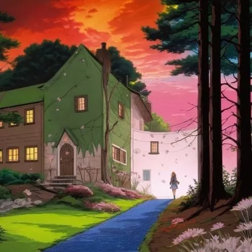 A red burning sky, Meteorschauer, ,anime - style scene with girl walking towards a house,house in the forest,house silhouette,cartoon video game background,aurora village,idyllic,forest house,river pi