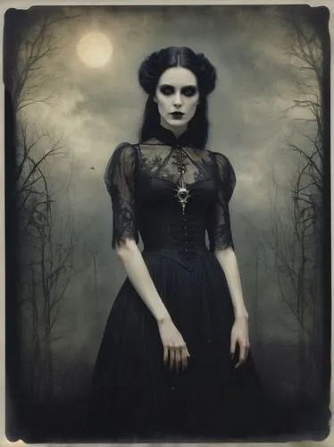 (upper body of a woman in a black dress) with a love in her eyes ,  gothic art style, dark art style, gothic art, gothic fantasy art, baroque dark art, fantasy dark art, lady of the entropy, tom bagsh